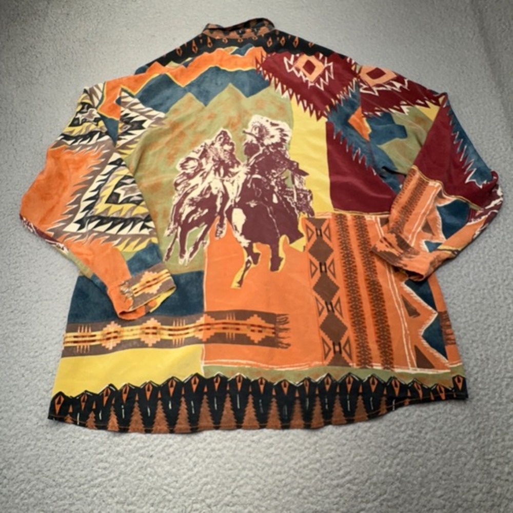 VINTAGE Otto Kern Tunic Top Womens 10 Silk Indian Head Horse Art Boho Shirt 90s - Picture 1 of 13